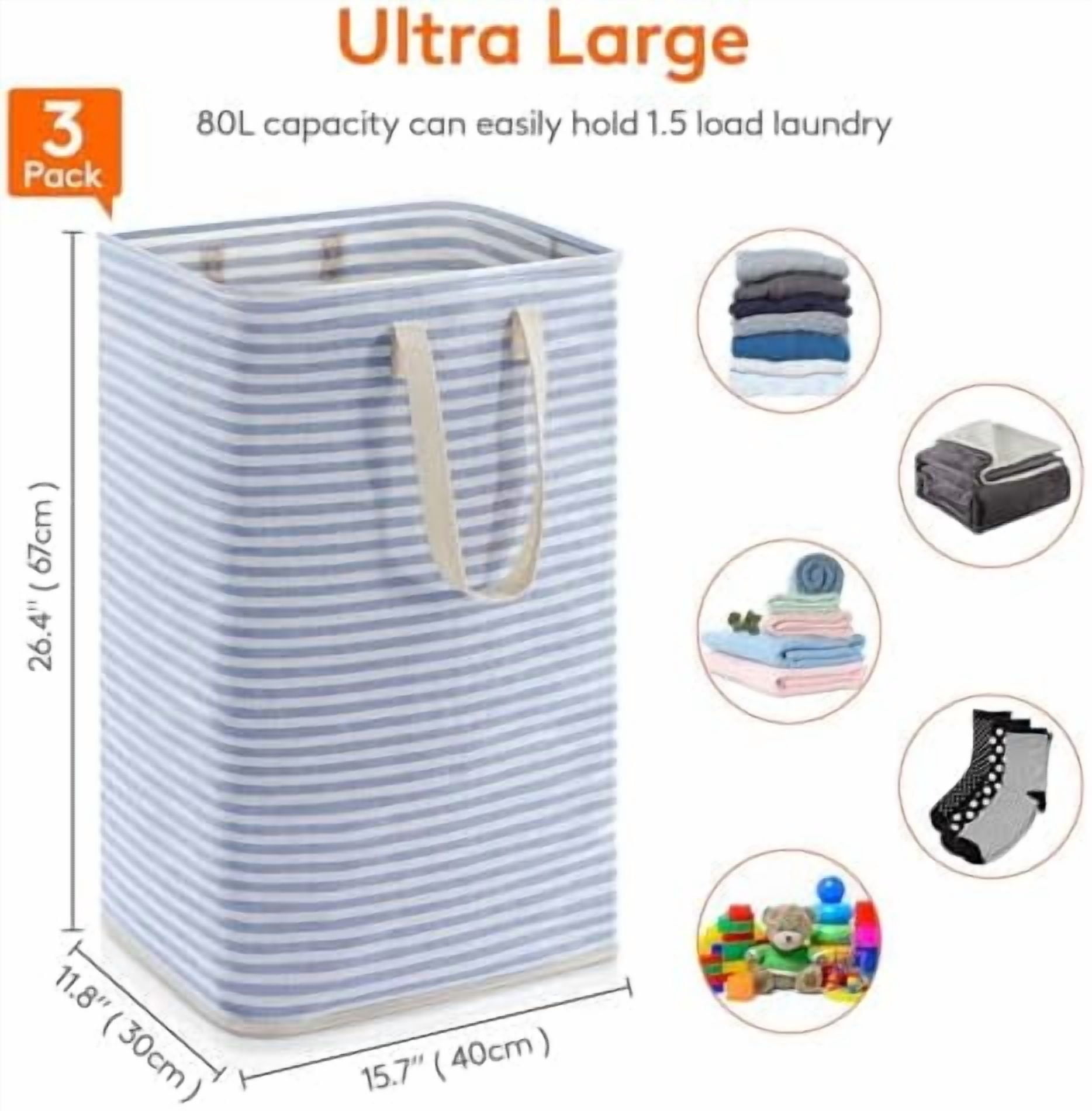 3 Pack Laundry Hamper Large Collapsible Laundry Baskets, Freestanding Waterproof Clothes Hamper with Easy Carry Handles in Laundry Room Bedroom Bathroom College Dorm, Blue, 3 x 80L