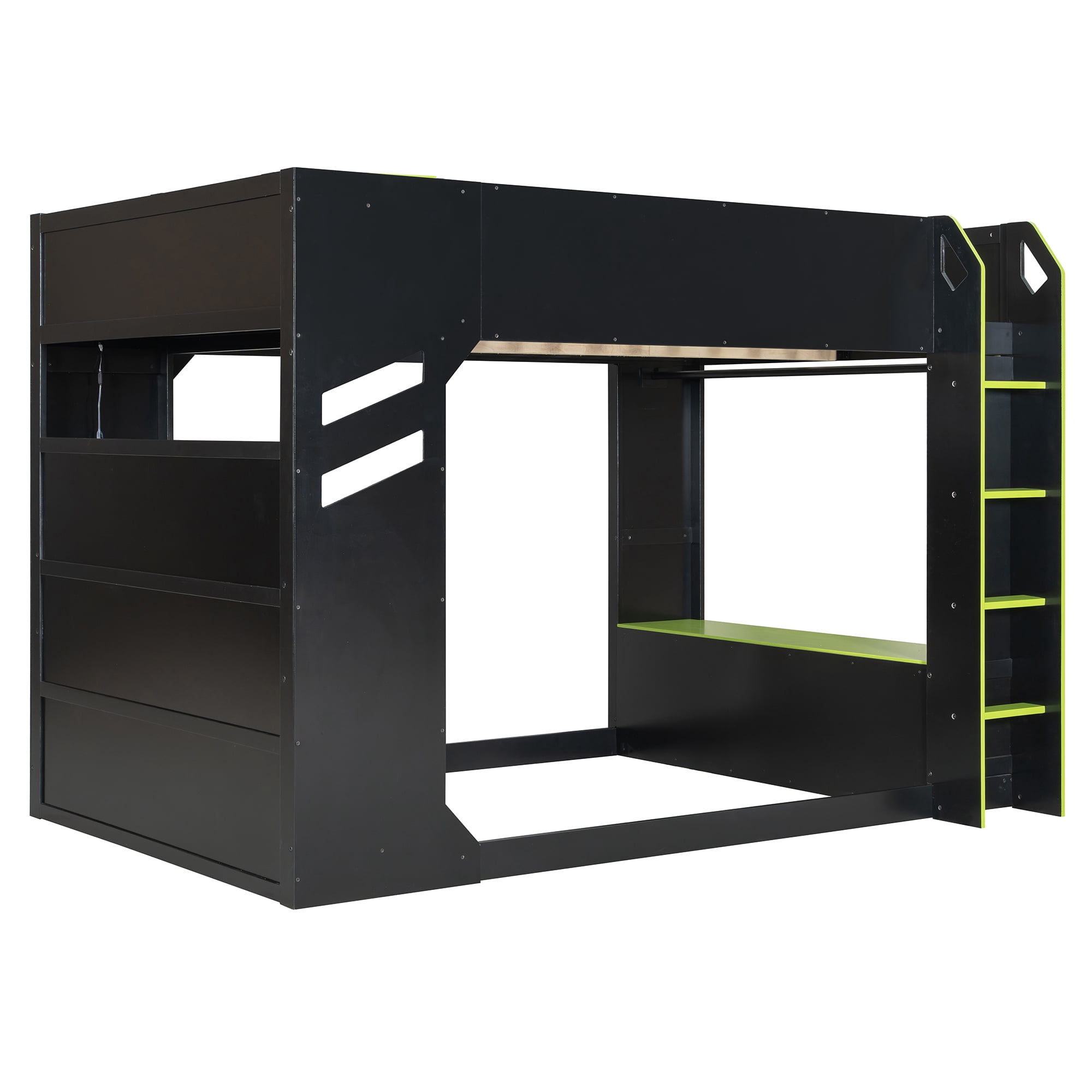 Mintazer Full Gaming Loft Bed with Height Adjustable Desk, Drawers, Storage Compartments, Hanging Rod and RGB Lights for Boys Girls, Black & Green