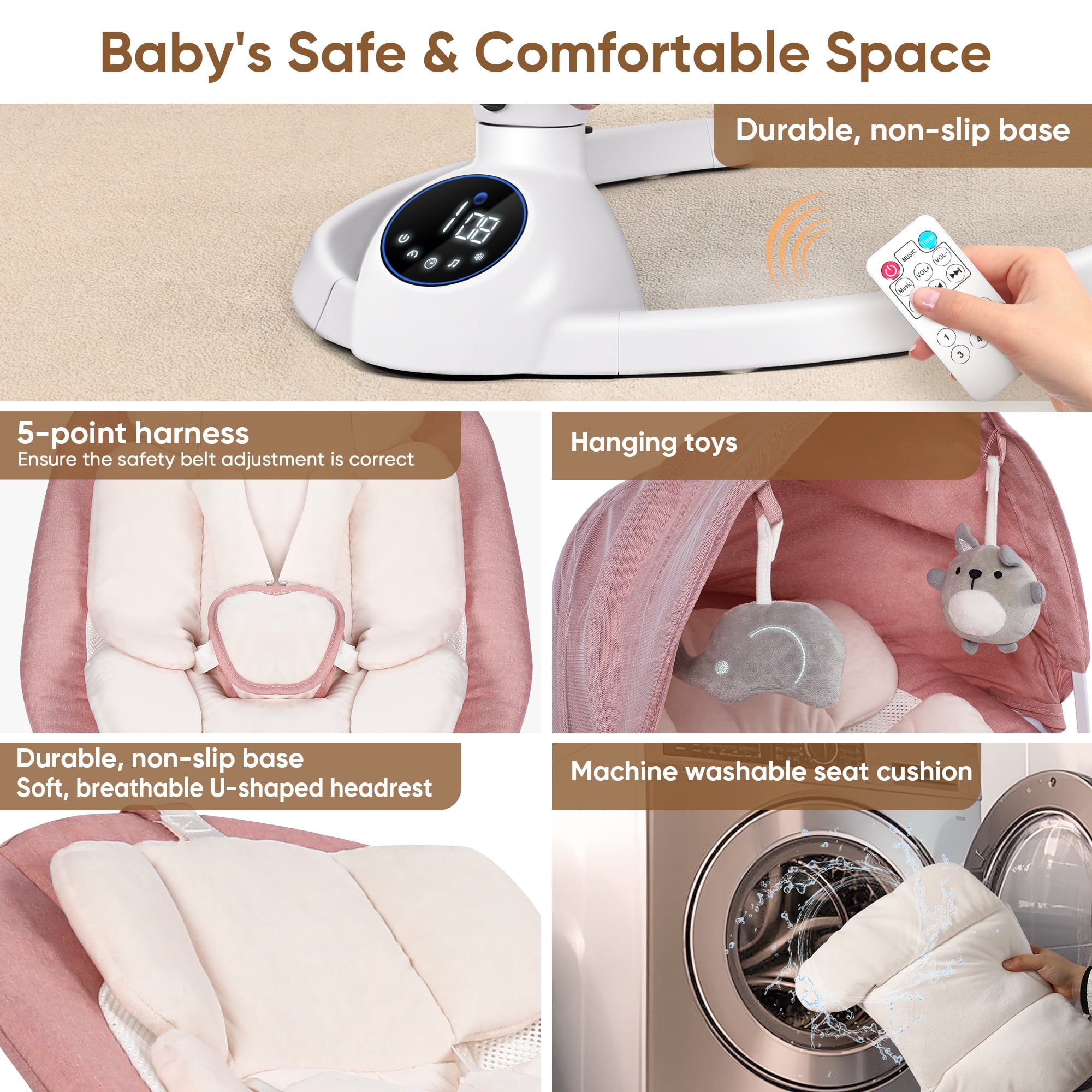 Babyeap Baby Swing for Infants,Bluetooth Control 5-point Harness Newborn Swing,5 Sway Speed,10 Lullabies(Pink)