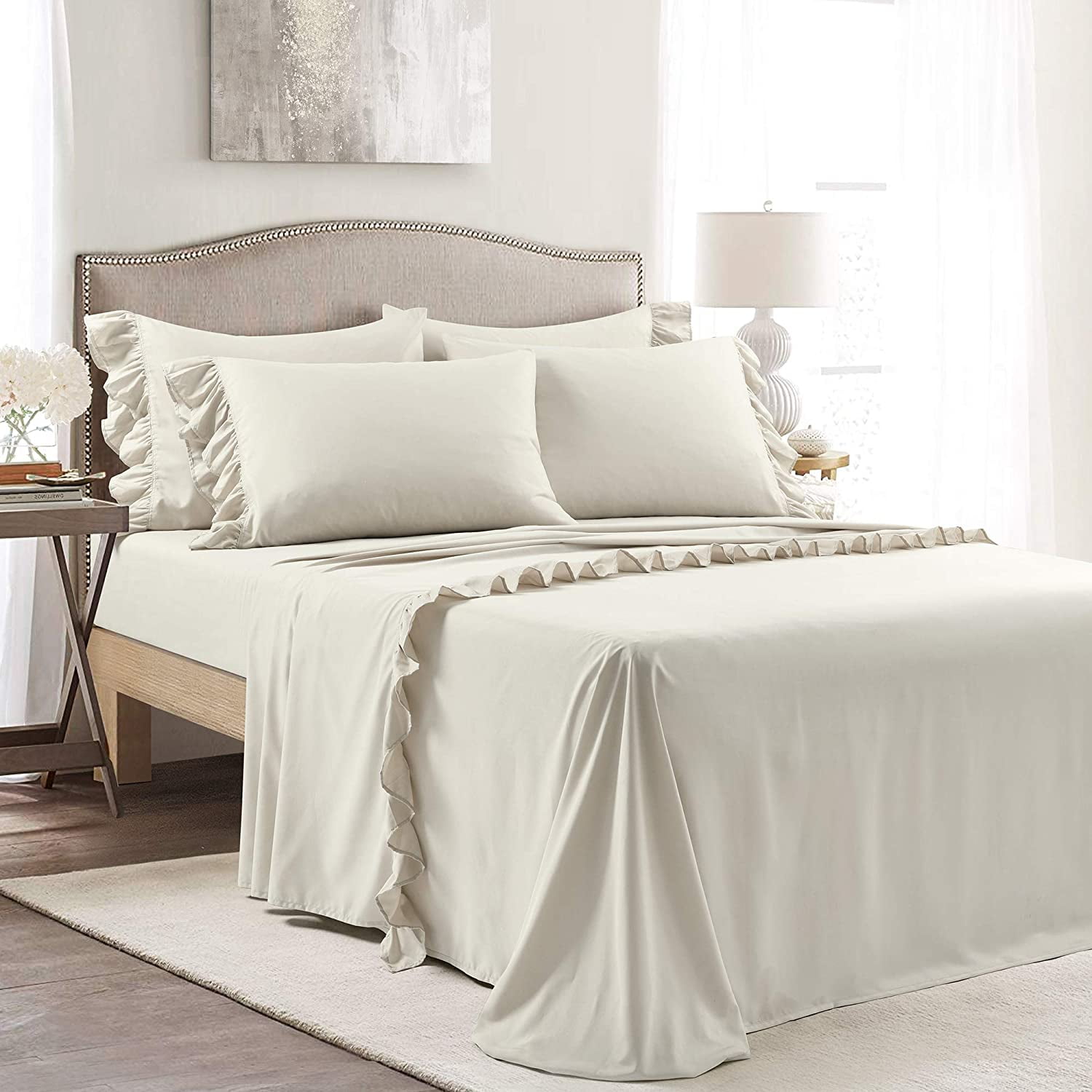 Ruffle Bed Sheet Set 6 Piece - 30 Inch Deep Pocket - 100% Pure Bamboo Bed Sheet Set - Anti Static Feels Like Silk - Super Comfy, Extra Soft and Luxury - Ivory Solid, Twin XL Size.