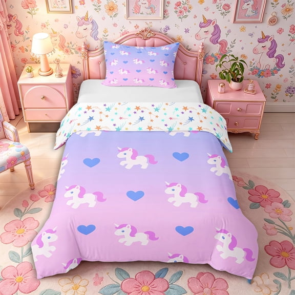 Metsweet Cartoon Unicorn Twin Duvet Cover, Love Heart Gradient Twin Bedding, Pink Blue Purple,2pcs,1 Duvet Cover and 1 Pillowcase