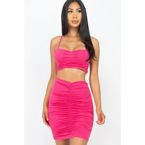 Ruched Crop Top And Skirt Sets Fuchsia ' L