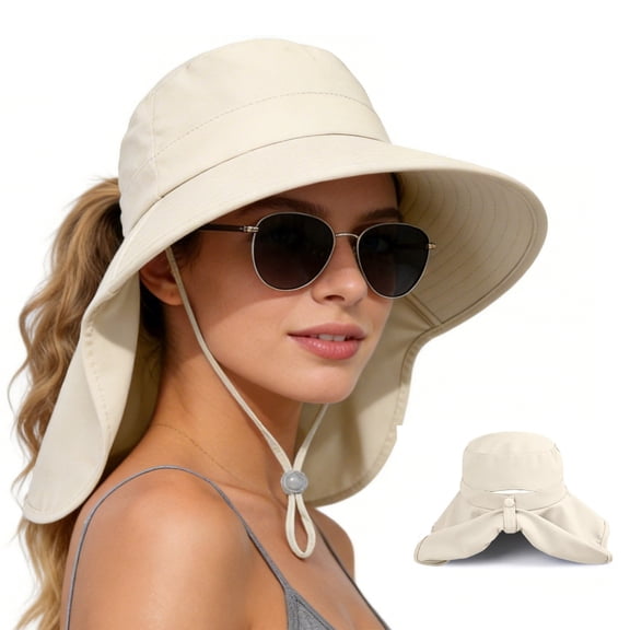 Womens Sun Hat Rollable UPF 50 Wide Brim and Ponytail Hole, Hiking Safari Gardening Hat with Neck Flap, Beige