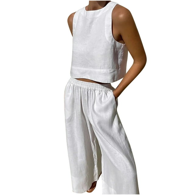 Tenues de Vacances pour Femmes Ensembles 2 Pcs pour Femmes Ensemble de Vêtements Femme Col Rond Sans Manches Hauts Pantalons Ensembles Style Pantalon Décontracté S_856 Survêtements pour Femmes Blanc m