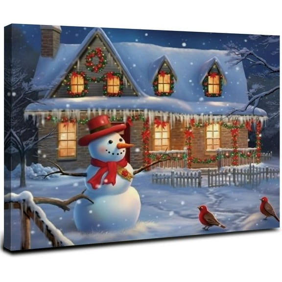 ONETECH  Winter Home Snowman Lighted Canvas Wall Art Print With Timer | LED Canvas Wall Art Print Designs | Modern Artwork for Living Room Decor Gift (Winter Home Snowman 20x16inch