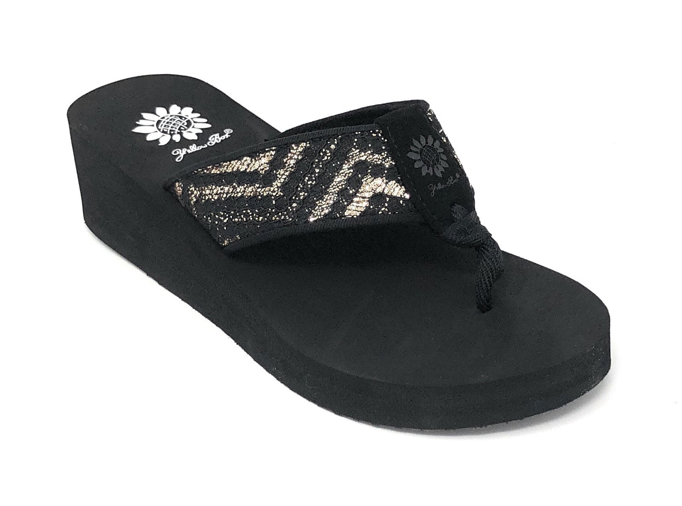 black sequin yellow box flip flops