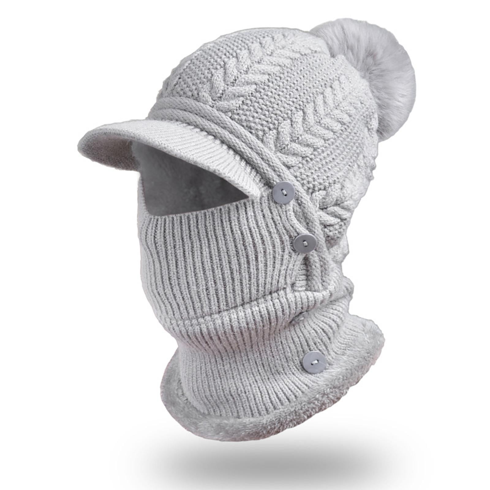 DimyFew Elastic Knitted Beanie Hat Neck Gaiter Breathable Button Warmer Winter Ski Mask Gray