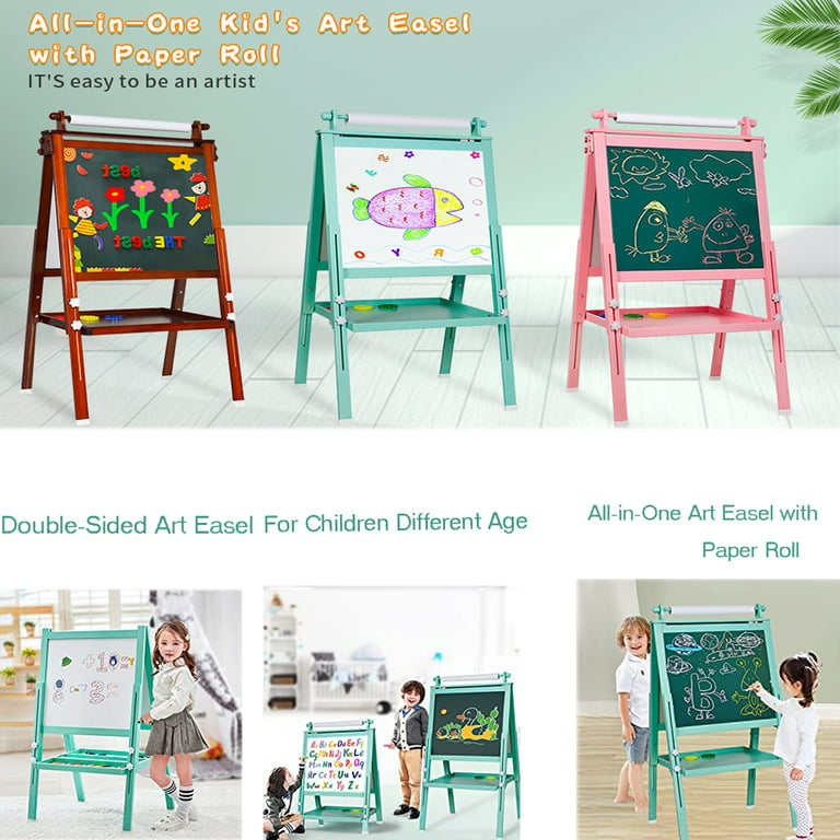 Ealing Kids Easel Wooden Kids Art Easel Double-Sided Standing Easel For Kids  Height Adjustable Preschool Magnetic Art Easel With Paper Roll Storage Box  Watercolor Pen For 2-15 Years Old (Green)