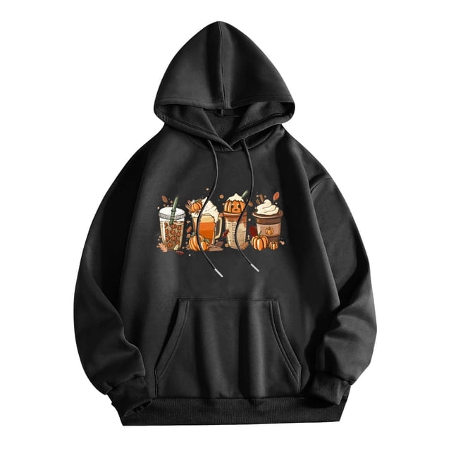 Rbaofujie Chandails d'Automne pour Femmes à Capuche à Cordon Mode Chandail à Capuche Imprimé à Manches Longues Haut Coa Noir Chandails à Capuche et Chandails pour Femmes