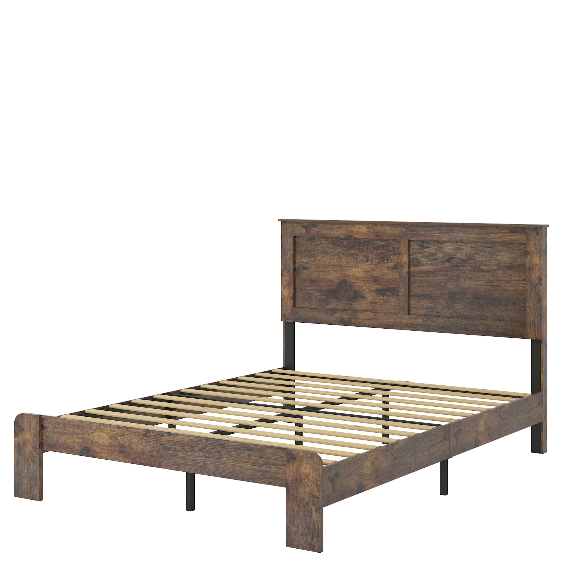 Sesslife Queen Size Bed Frame with Storage, Wood Platform Bed Frame with Charging Station and LED Light, Vintage Queen Bed Frame with Headboard and Wood Slats, No Box Spring Needed, Dark Brown