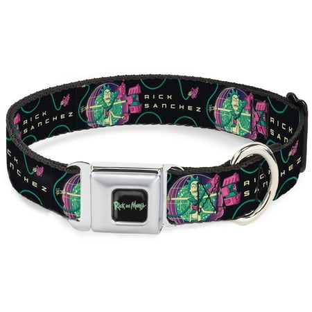 Rick and Morty Pet Collar Dog Collar Metal Seatbelt Buckle Rick Sanchez Multi Arm Portal Pose Black Blues Pinks 9.5 to 13 Inches 1.0 Inch Wide