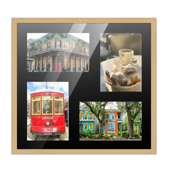 12x12 Natural Wood Collage Frame w/ Black Mat for 4 Pictures - 4x6 Photos