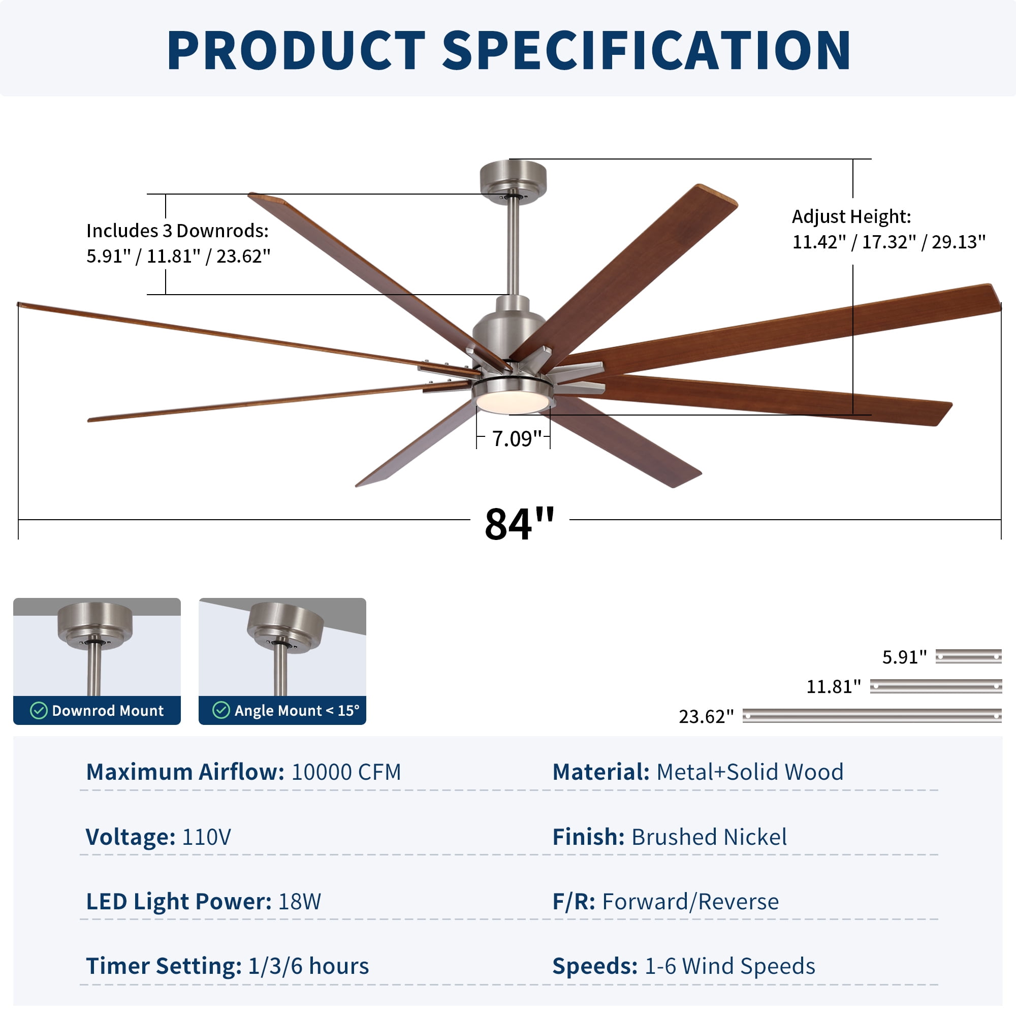 Leumius 84" Oversized Large Brushed Nickel Black Walnut Solid Wood Ceiling Fan with Dimmable Led Light 8 Black Walnut Solid Wood Blades Remote Control Reversible DC Motor for Living Room Warehouse