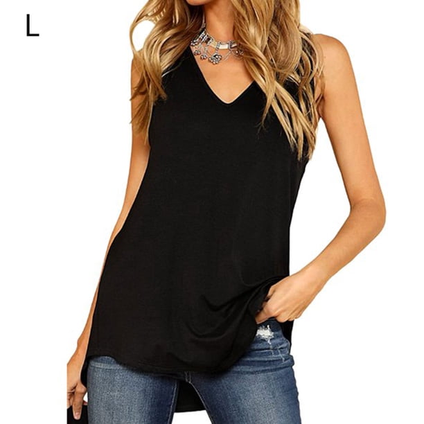 Camiseta sin mangas Camiseta sin mangas con cuello en V para mujer Chaleco suelto informal de color sólido, L Vogacara AP001695-03