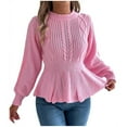 thumbnail image 3 of Aboser Women's Cable Knit Peplum Sweaters Elegant Ruffle Hem Tunic Shirts Trendy Long Lantern Sleeve Pullover Sweater Breathable Soft Crewneck Jumper Tops, 3 of 9