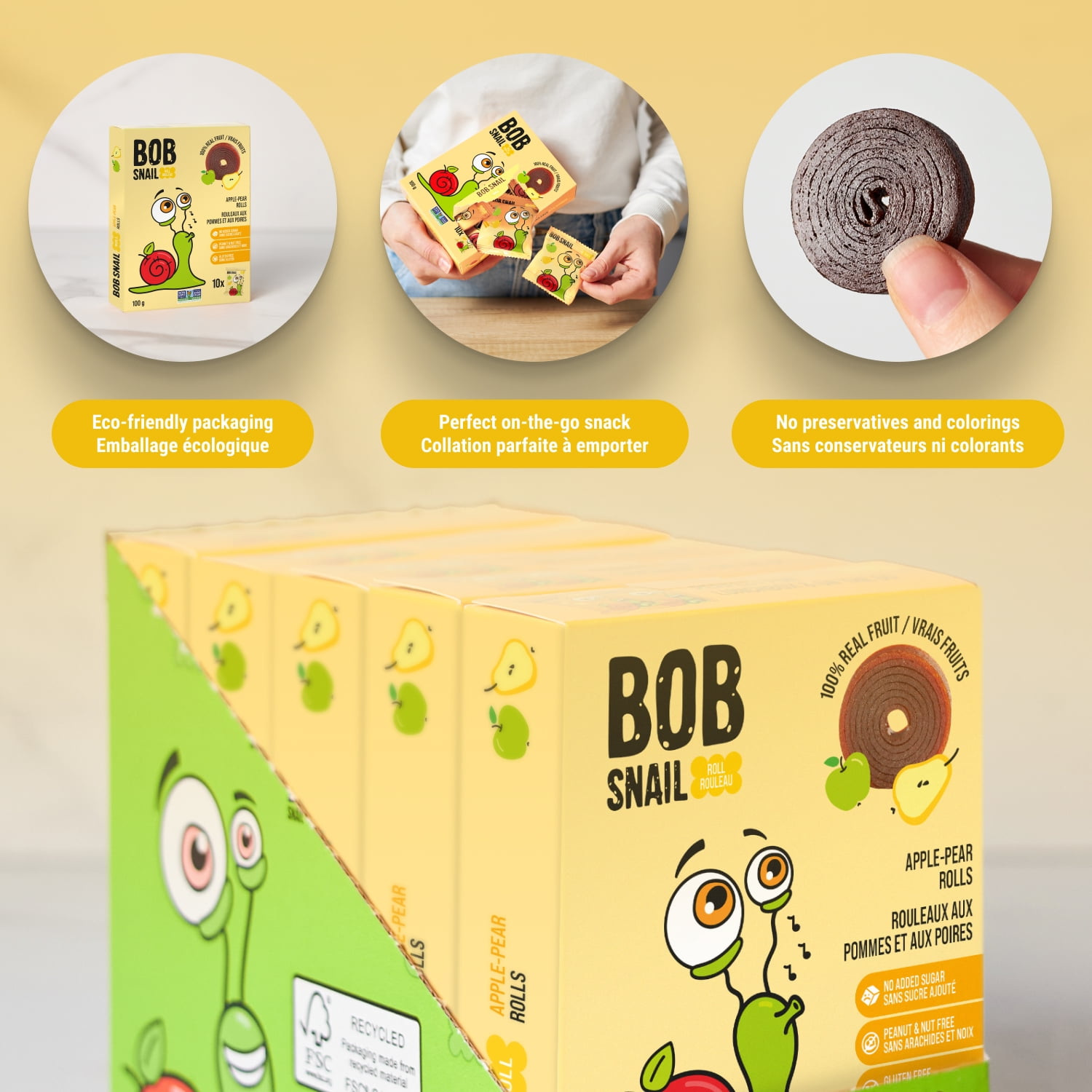 Bob Snail Apple Pear Fruit Rolls, 10 Roll Pack, 5 Packs Included (50 Total Rolls)
