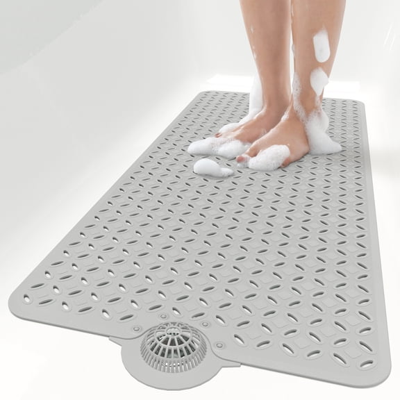 OTHWAY Non-Slip Bath Mat for Tub with Hair Catcher, 39"x17" Long Shower Mat, Large Drain Holes, Machine Washable Gripper Tub Mat (Grey)