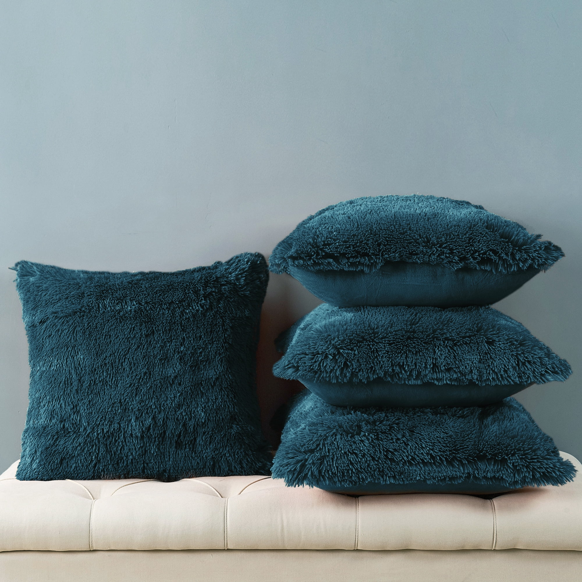 Home Soft Things Luxury Shaggy Faux Fur Throw Pillow Cases, Ultra Soft Plush Pillow Covers Fluffy Decorative Cushion Covers, No Pillow Insert, Set of 4, Teal, 20x20 Inch