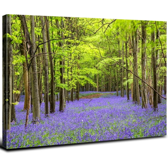 Green Forest Wall Art Purple Violet Flowers Field Landscape Canvas Nature Wall Decor Wildflower Meadow Scenery Photo Prints Poster Trees Painting Artwork for Living Room Bathroom Decorations 12x16