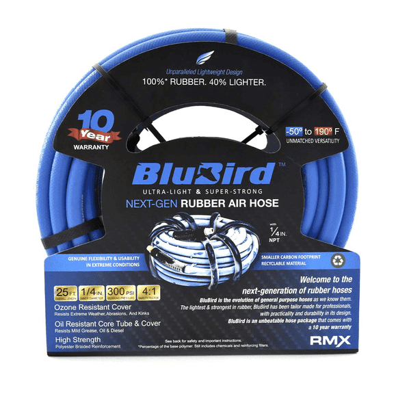 BluBird Rubber Air Hose 1/4" x 25 ft – Heavy Duty, 300 PSI, Flexible, Kink-Resistant, Brass Fittings, -50°F to 200°F, 10-Year Warranty