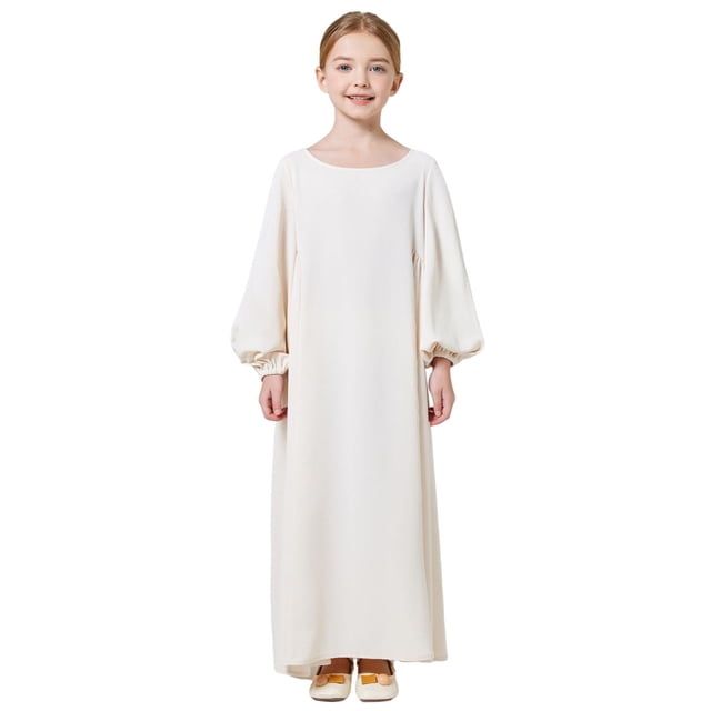 Hpapadks Robe pour Filles Enfants Robe Musulmane Manches Longues Solide Ample Décontractée Robe de Prière Robes pour Filles Beige 5-6 Ans