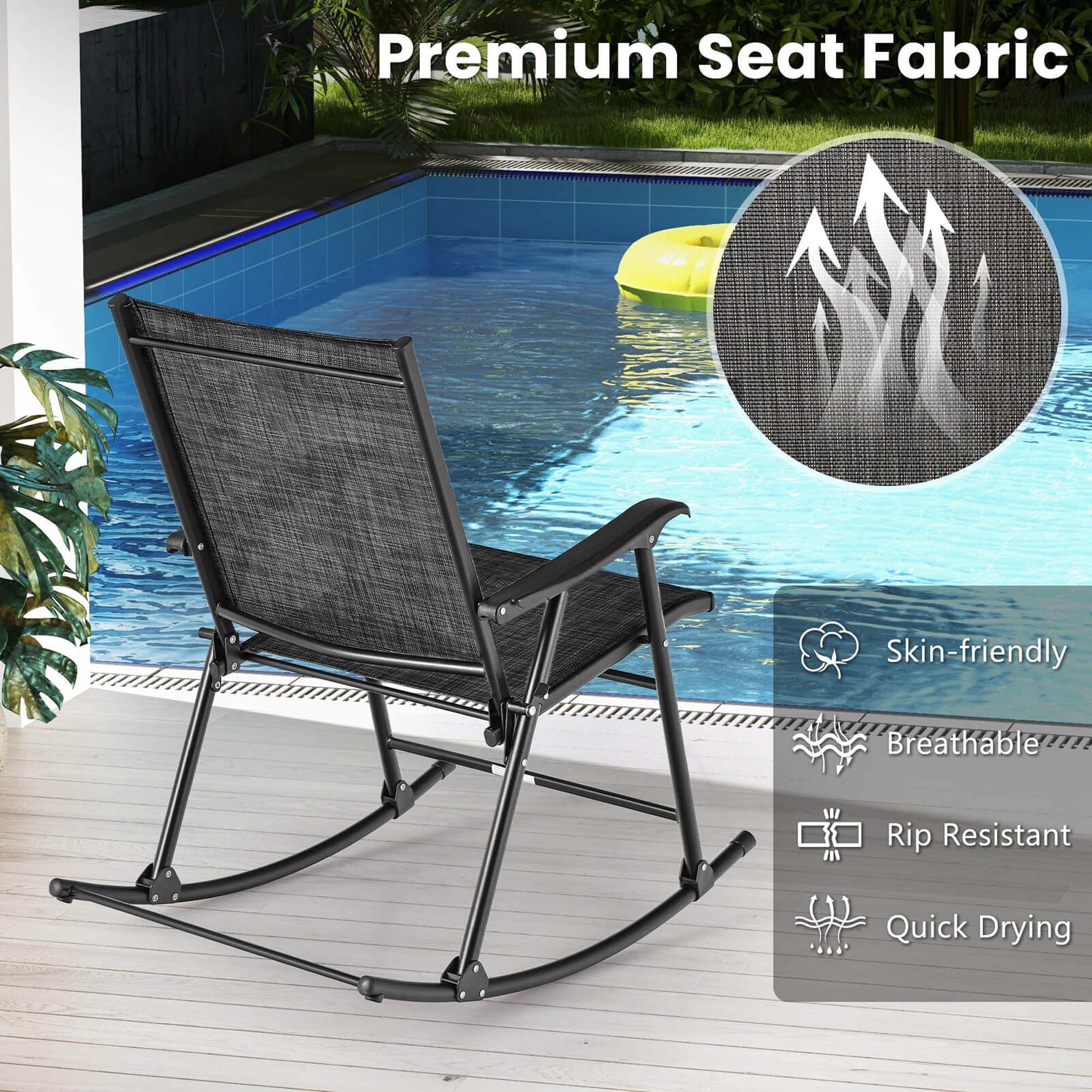 Costway 2pcs Folding Rocking Chairs, Heavy-Duty Metal Frame