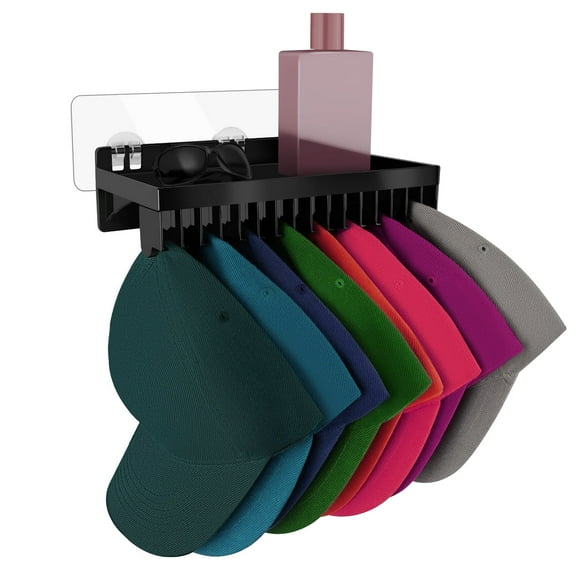 Hat Rack for Wall Fit 16 Caps Holder, Bedroom Multi Purpose Modern Hat Organizer, Upper Tier Can Hold Items,Lower Tier Can Hang Hats, Wall Mounted Hat Rack for Living Room Bedroom - Black