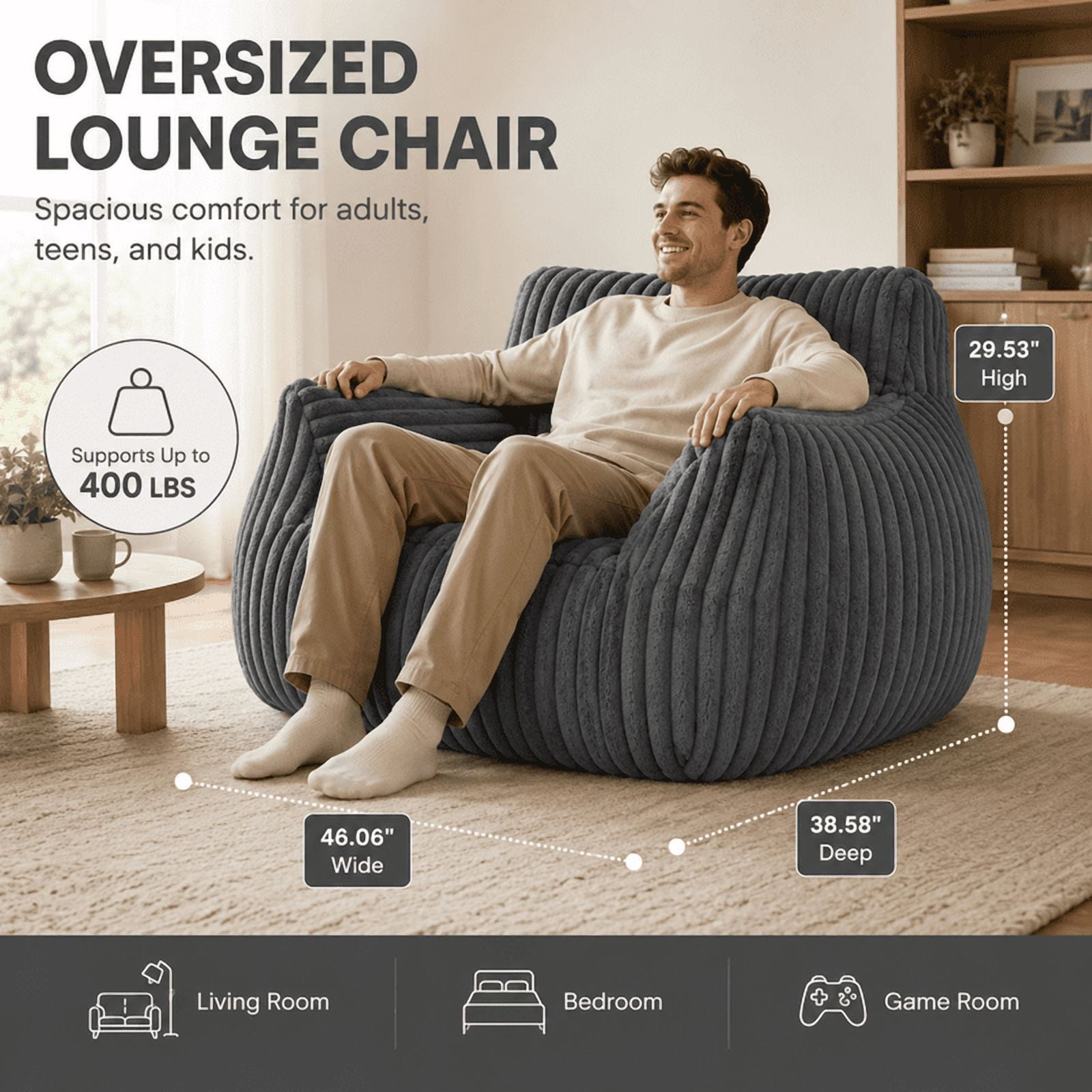 Giant Bean Bag Chair for Adults, 46" Oversized Corduroy Bean Bag Sofa with Armrests, Shredded Foam Floor Lounge Chair, Supports 400 lbs, Black