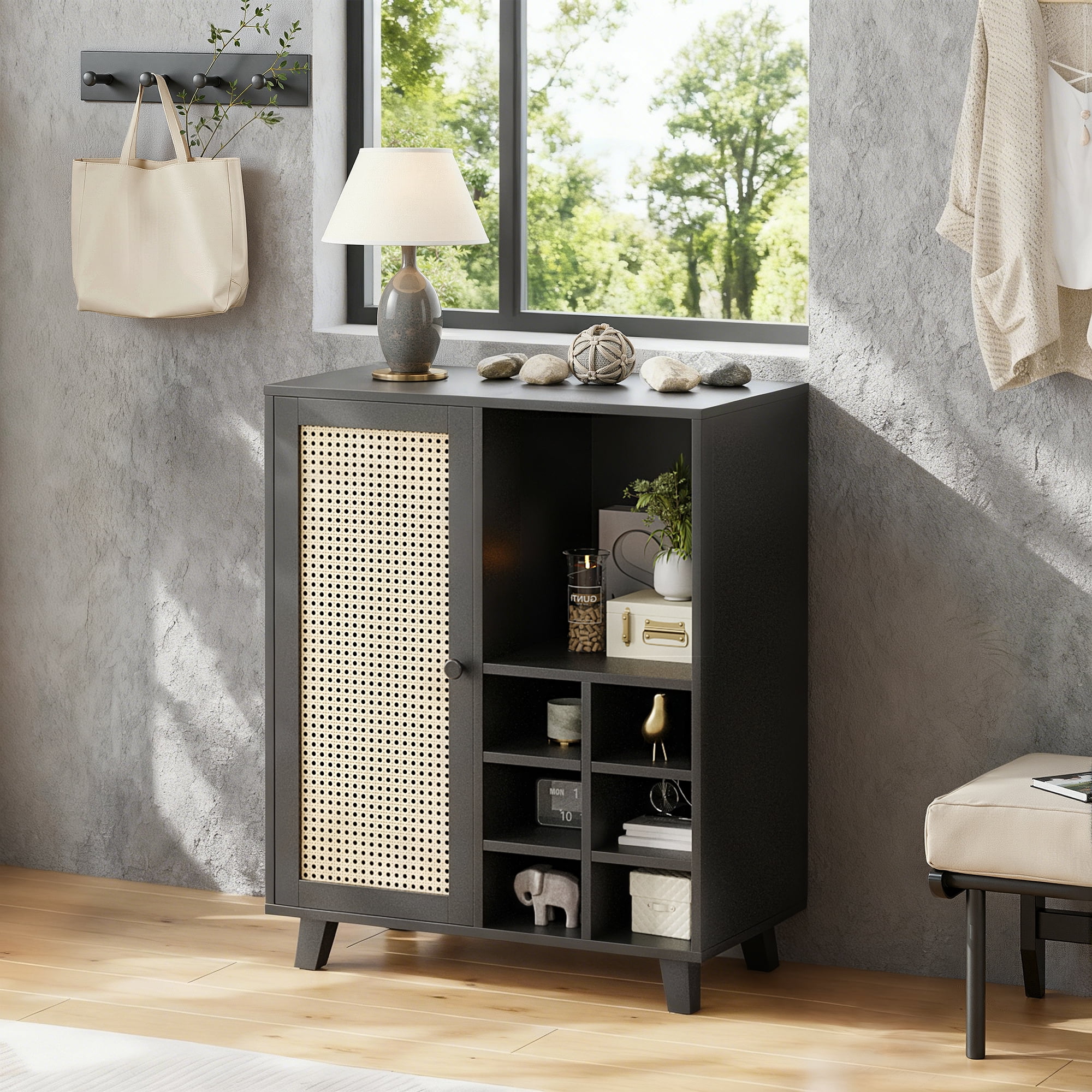 MAYEERTY Rattan Sideboard Cabinet with Wine Racks, Versatile Storage for Kitchen & Entryway, Black