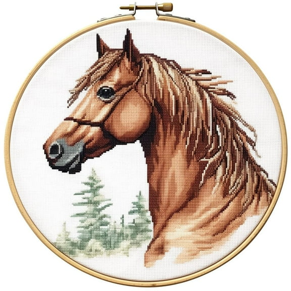 Horse Round Shape DIY Stamped Cross Stitch Kits for Beginners Easy with Hoop 11CT Needlepoint Embroidery Counted Cross Stitch Kits Art Craft Wall Decor and Gift 35x35cm(1)