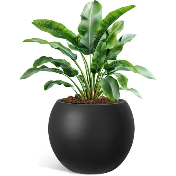 YOLENY Round Planter with Drainage Hole, 17.7'' Dia Large Sphere Planter with Removable Plug, Flower Pot for Indoor & Outdoor, Black