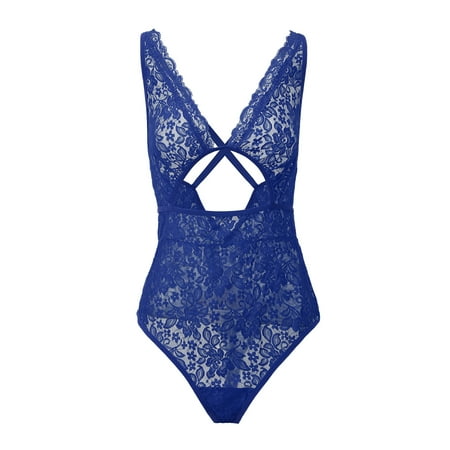 Xmarks Plus Size Lingerie for Women Deep V Neck Teddy Lingerie Lace Bodysuit Babydoll Blue US 16