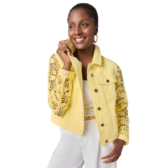 Jessica London Women's Plus Size Lace Sleeve Denim Jacket