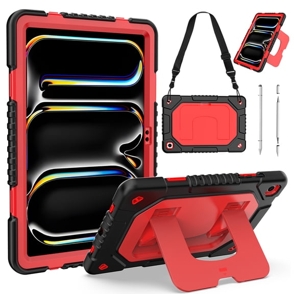 ELEHOLD Case for Samsung Galaxy Tab A11 /A9plus, Shockproof Rugged Case with Stand & Shoulder Strap, 3-in-1 Stylus Pen Included,Red