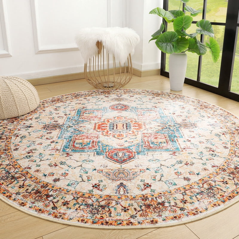 TWINNIS Round Boho Rug for Living Room Persian Rug Vintage Round Area Carpet for Bedroom,Orange,4'x4'