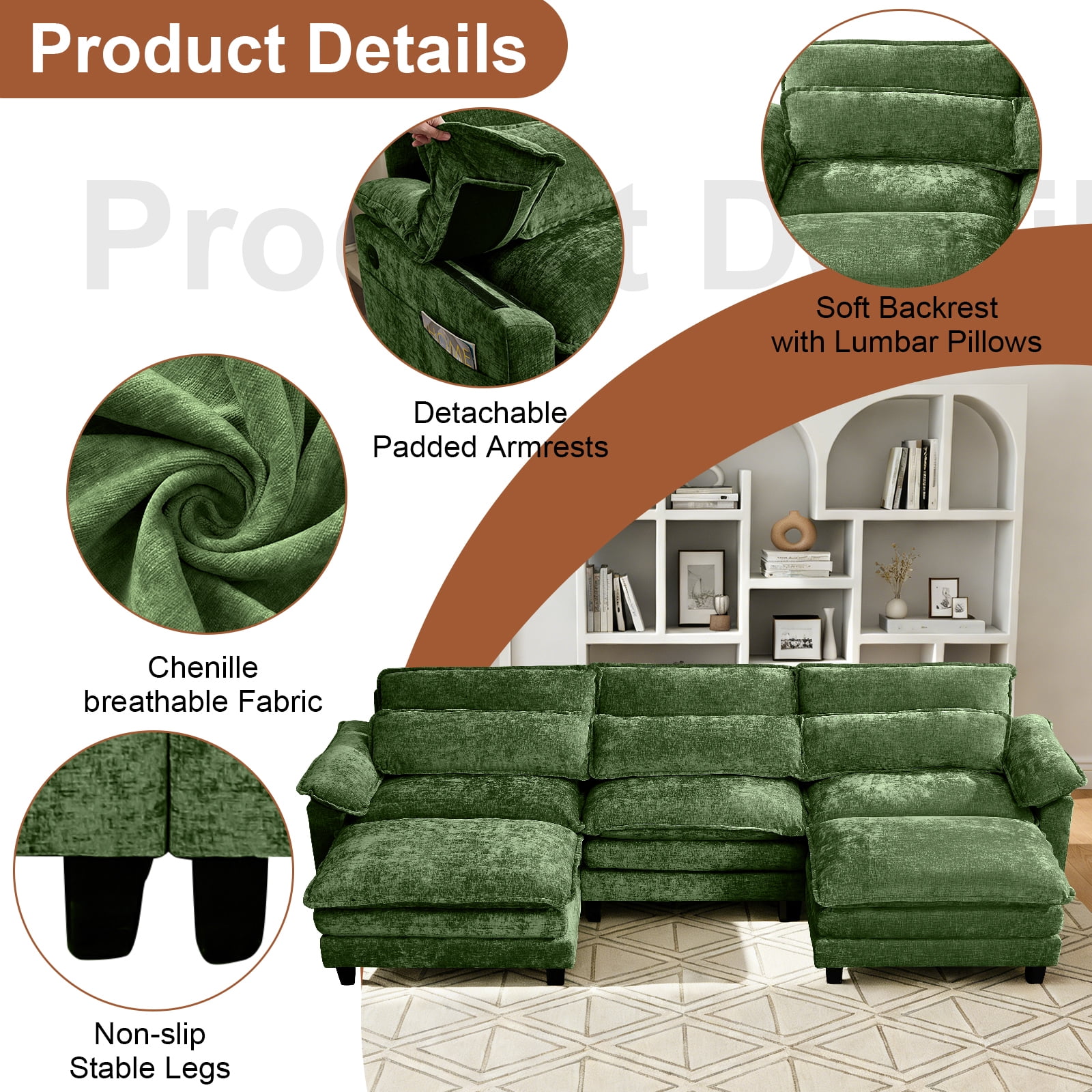 113'' Modular Sectional Sofa,U Shaped Couch with Movable Ottoman, Convertible Sectional Couches with Deep Seat, 3 Seat for Living Room Comfy Cloud Sofa with USB Side Pockets & Charging(Green)