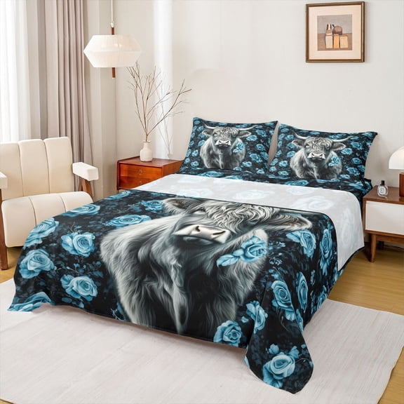 jejeloiu Blue Rose Highland Cow Full Size Sheets Kids,Floral Farm Print Bed Sheets,4pcs