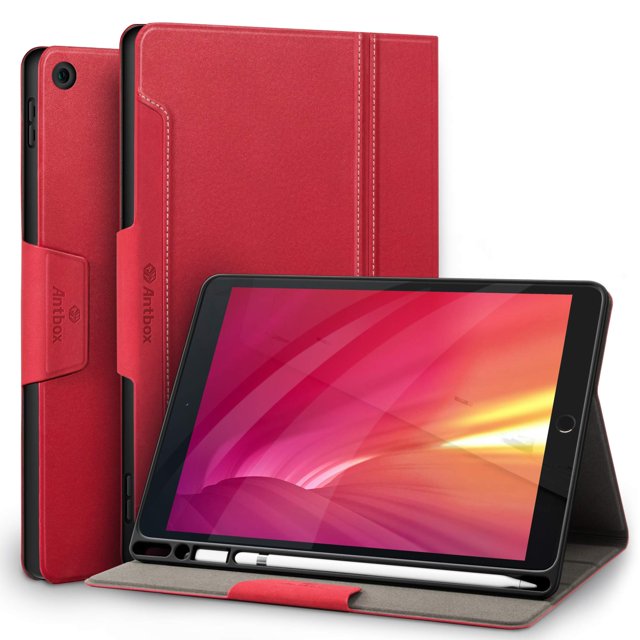 Antbox Funda Para Ipad De 9.ª Generación/Ipad De 8.ª Generación Con Portalápices Funda Inteligente De Cuero Vegano Para Ipad De 10,2'' 9.ª/8.ª/7.ª Generación (Rojo)