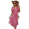 thumbnail image 3 of Robes Femmes Décontractées Manches Courtes Imprimé Floral Boutonné Col en V Été Boho Midi Robe, 3 of 6