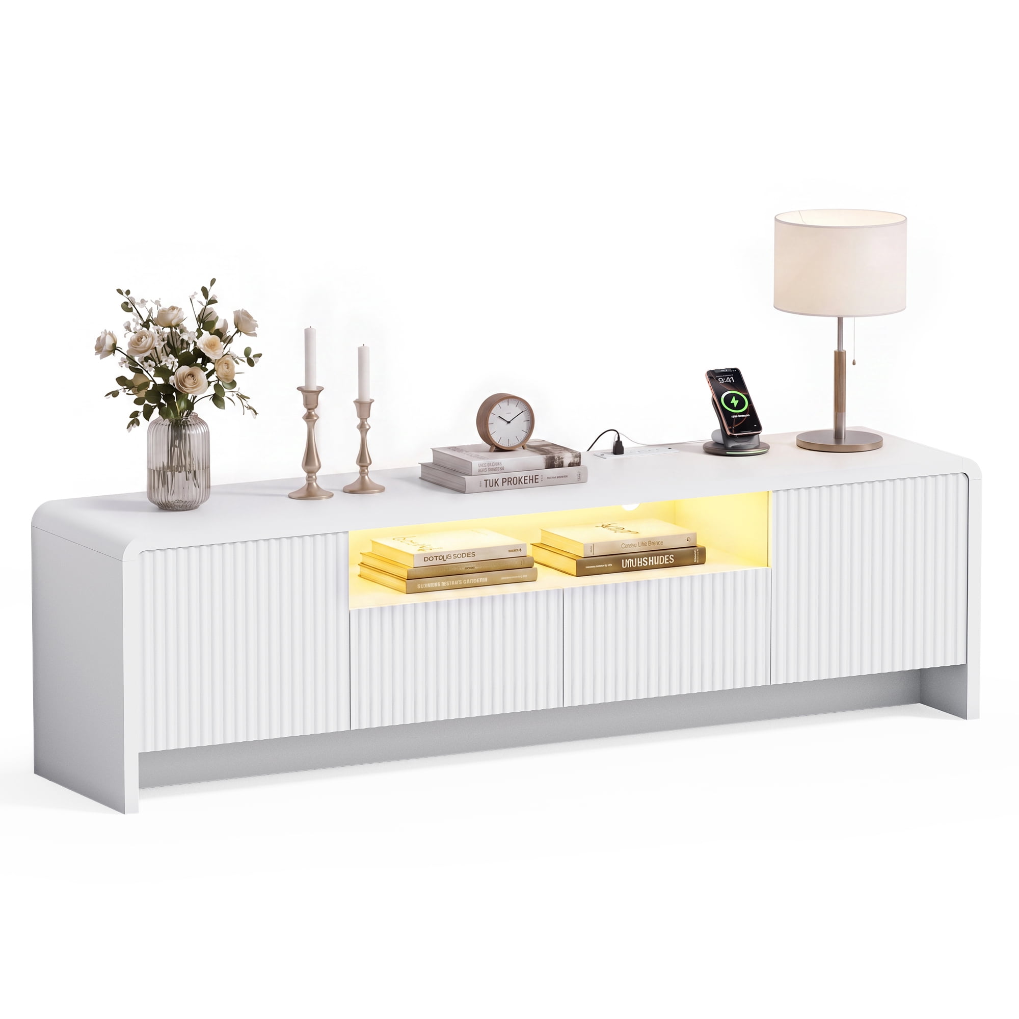 Lacoo 70 Inch Fluted TV Stand for 55-75 Inch TVs, Entertainment Center with Charging Station and RGB LED Lights, Media Console with 2 Drawers and Storage Cabinets for Living Room, White