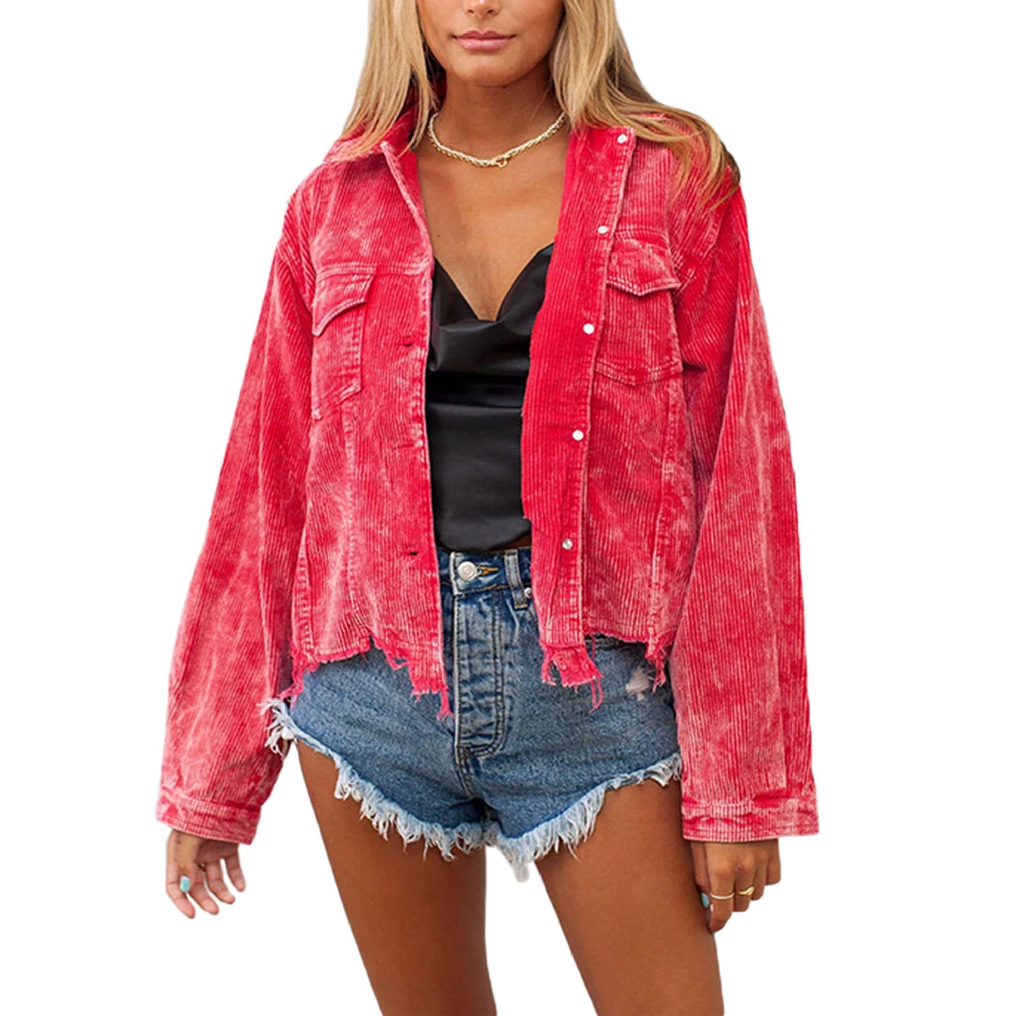 Women Corduroy Coat Pockets Crop Jacket 