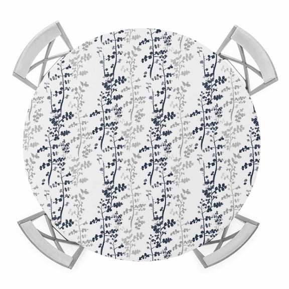 Elastic Fitted Round Tablecloth, Dark Blue Grey Botanical Waterproof Stretch Table Cover for 55"-60" Tables, Spring Floral Summer Farmhouse Washable Outdoor Tablecloths for Patio, Picnic, Camping