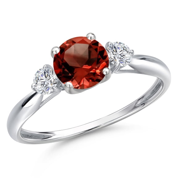 Gem Stone King 10K White Gold Red Garnet and Lab Grown Diamond 3-Stone Ring for Women | 1.22 Cttw | Round 6MM | Gemstone January Birthstone | Size 9