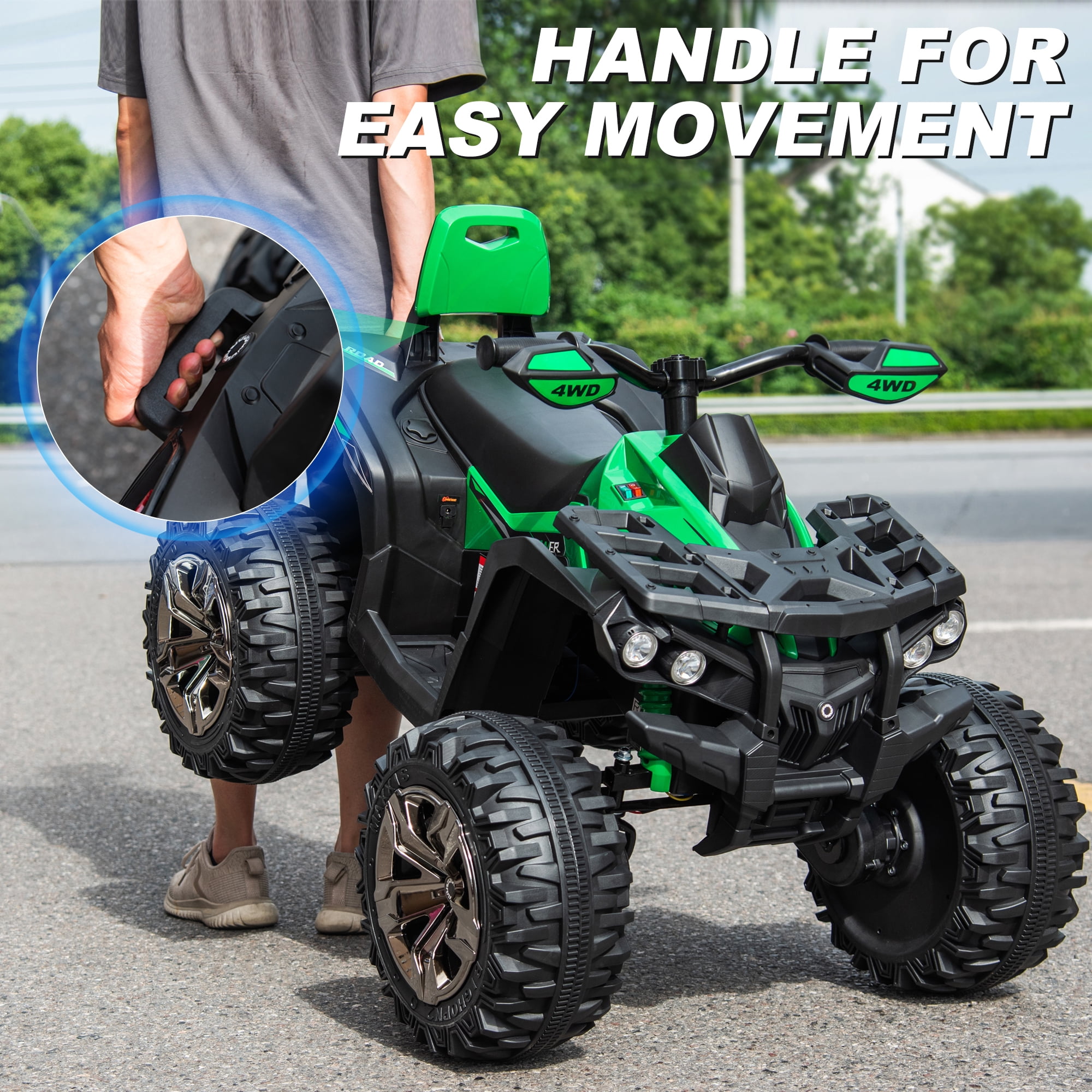 800W Dirt Quad w/ Remote Control - 24V Powered Ride on ATV, Electric Powerful 4-Wheeler for Big Kids, Up to 5.5 mph, Knee Pads, Green