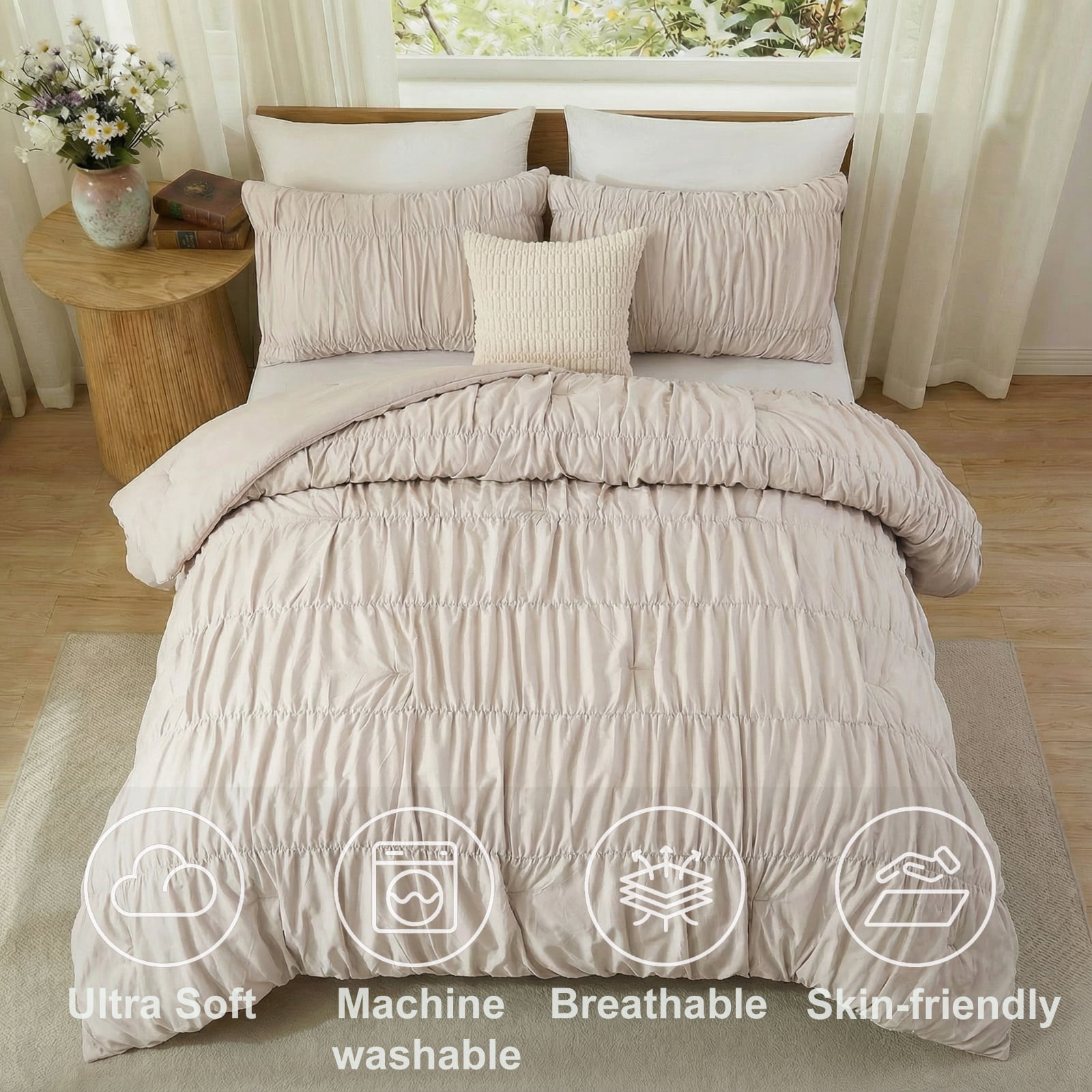 100% Cotton Wrinkle King Duvet Cover Set,Ruched Bedding Comforter Cover,Shabby Chic Ruffled 3 Pcs Queen Duvet Cover Set,Bohemian Boho Bedding Set 1 Duvet  Cover 2 Pillowcases