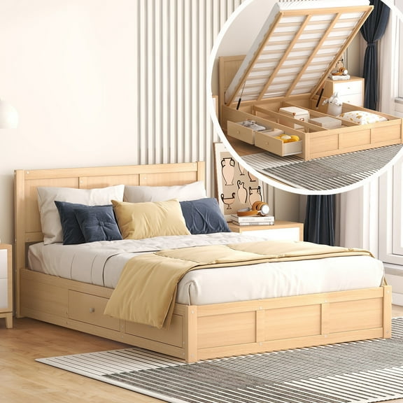 Bellemave Full Size Lift Up Storage Bed, Wood Platform Bed with 2 Storage Drawers, Full Size Bed Frame with Hydraulic Storage System, No Box Spring Needed, Easy Assembly, Natural
