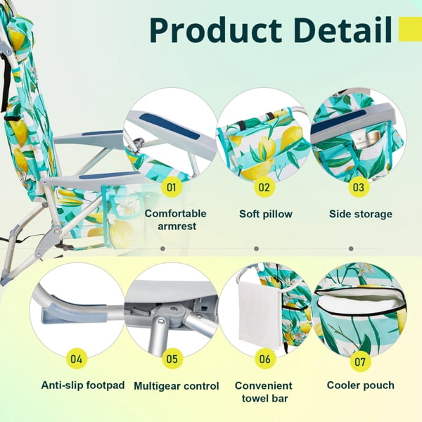 Alvantor 5-Position Folding Beach Chair with Aluminum Frame, Pillow, Cup Holder and Storage Pouch, Lemon