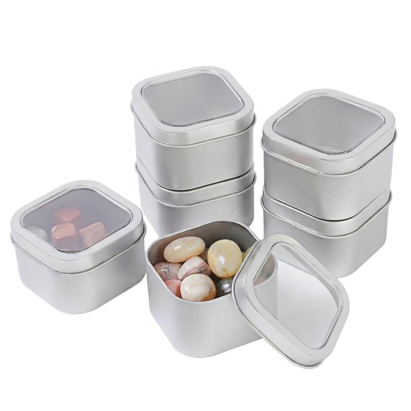 Boîtes Métalliques Carrées Argentées Vides de 8 Onces avec Fenêtre Transparente pour Fabrication de Bougies, Bonbons, Cadeaux et Trésors (Lot de 6)