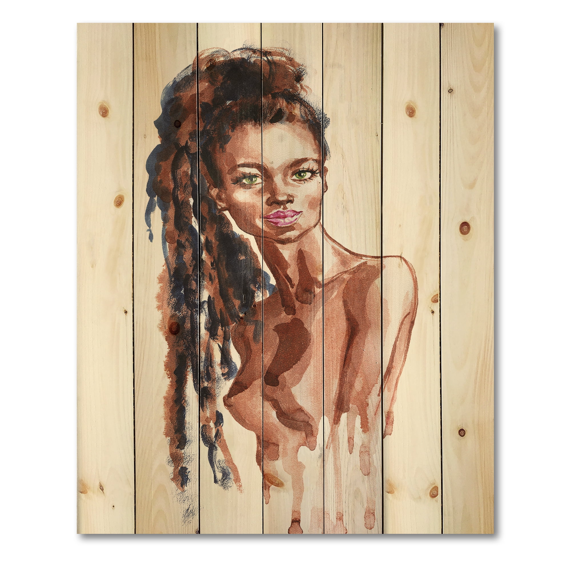 Designart 'Portrait of Afro American Woman VIII' Modern Print on Natural Pine Wood