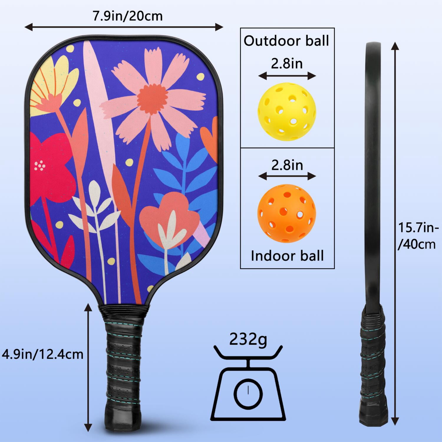 Pickleball Paddles Set Of 1, Fiberglass Surface, Vintage Floral Print, 1 Paddle, 2 Balls & Bag